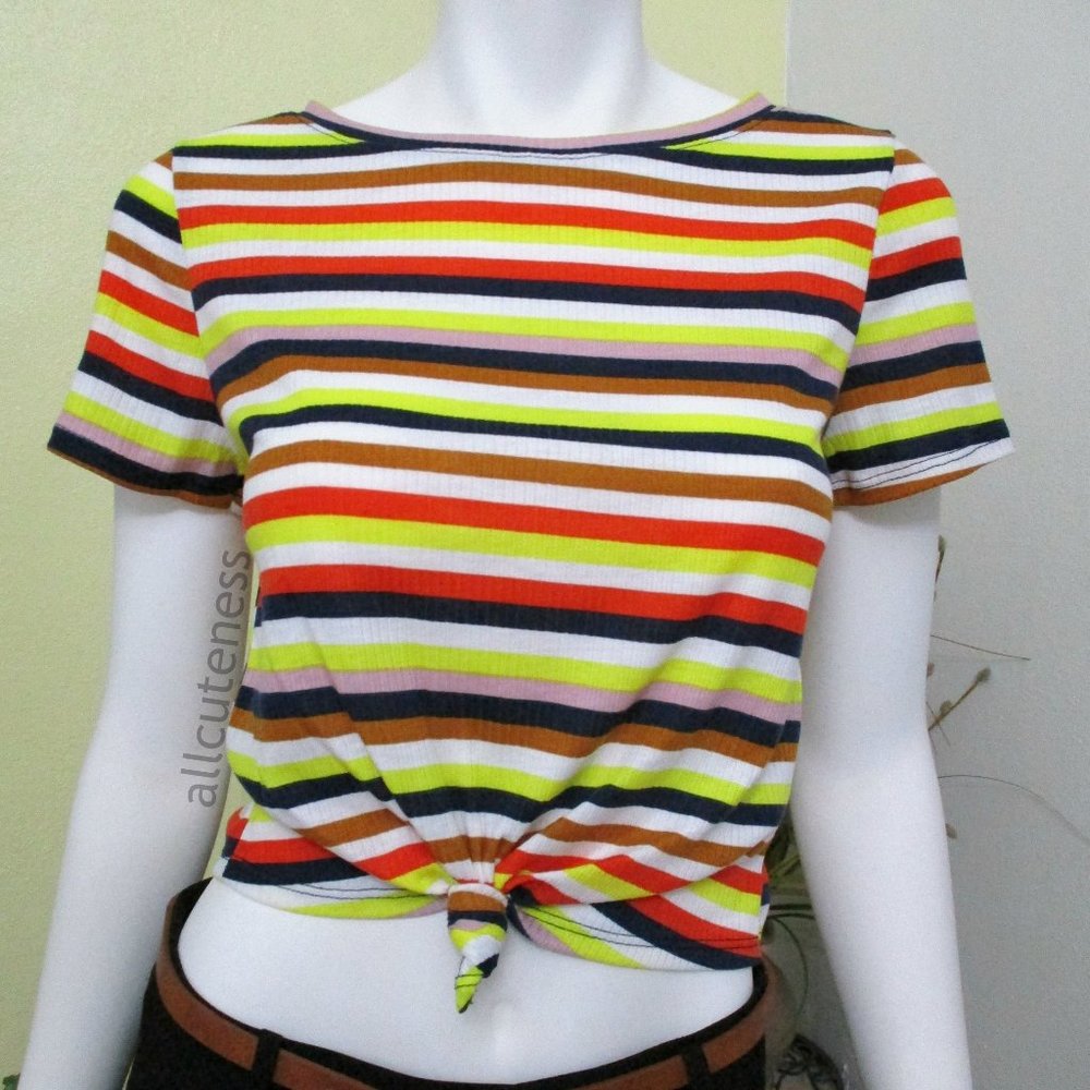 Le Lis Stripe Knot Crop Short Sleeve Top Size M